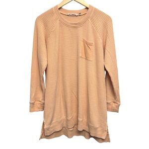 Soft Surroundings Womens Top Large Waffle Knit Tunic‎ Pocket Apricot Long Sleeve